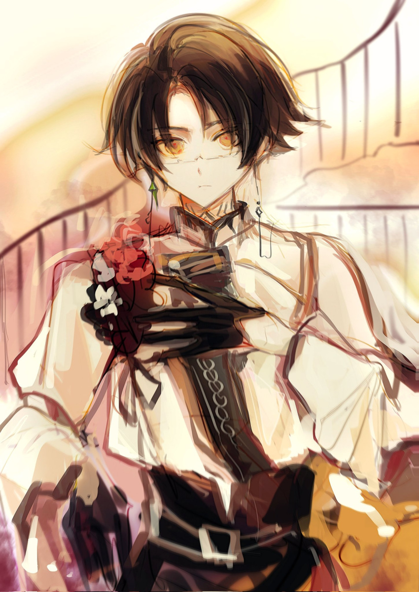 1boy azusa_nagi black_gloves black_hair black_pants closed_mouth expressionless flower glasses gloves grey_flower grey_hair hand_on_own_chest highres itsuki_(paradox_live) long_sleeves male_focus multicolored_hair neck_tattoo pants paradox_live red_flower shirt short_hair sketch solo tattoo white_flower white_shirt yellow_eyes