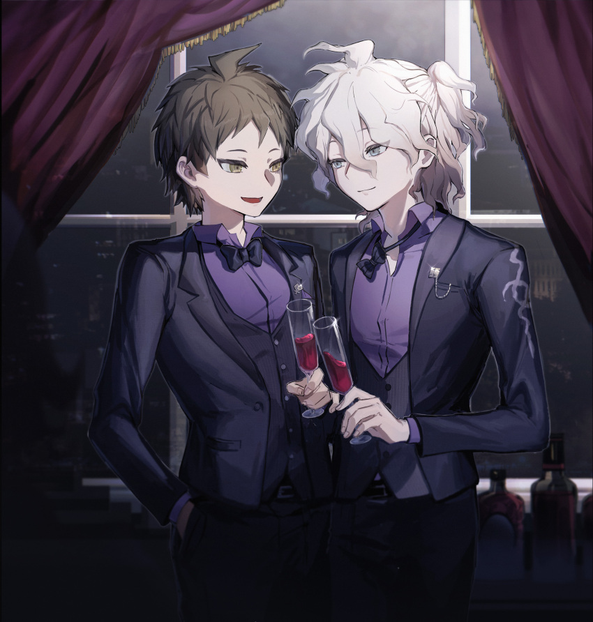 2boys :d ahoge black_bow black_bowtie black_jacket black_pants black_vest bow bowtie cowboy_shot cup curtains danganronpa_(series) danganronpa_2:_goodbye_despair eye_contact formal glass green_eyes grey_hair hair_between_eyes highres hinata_hajime holding holding_cup jacket komaeda_nagito looking_at_another male_focus multiple_boys open_clothes open_jacket pale_skin pants ponytail purple_shirt shirt short_hair smile vest window ziling