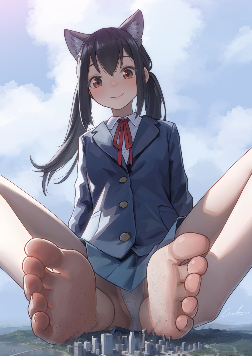 1girl absurdres animal_ear_fluff animal_ears bare_legs barefoot black_hair blazer blue_jacket blue_skirt cat_ears closed_mouth collared_shirt commentary_request commission giant giantess highres jacket k-on! long_hair long_sleeves looking_at_viewer miniskirt nakano_azusa neck_ribbon panties pleated_skirt red_eyes red_ribbon ribbon school_uniform shirt sitting skirt smile soles solo spread_legs toes twintails underwear welt_(kinsei_koutenkyoku) white_panties white_shirt