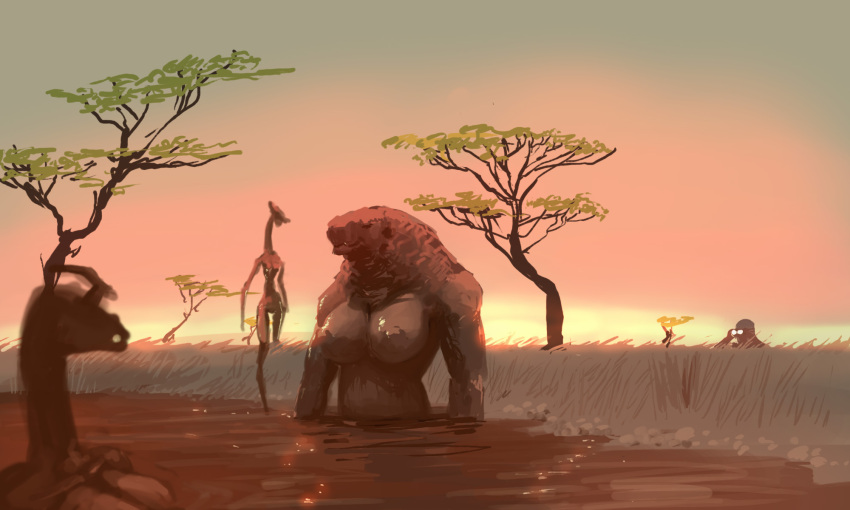 ambiguous_gender anthro areola being_watched big_breasts binoculars breasts female grass group hi_res human looking_at_another mammal meandraco monster nipples nude partially_submerged plant savanna tree water