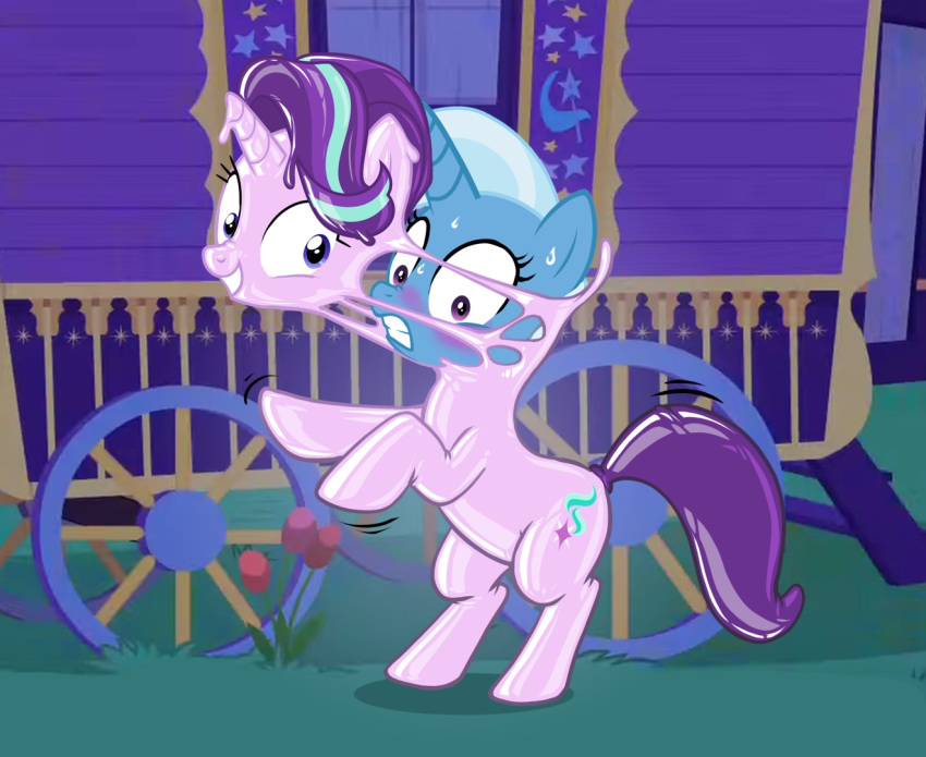 blush bodily_fluids caravan equid equine friendship_is_magic grass hasbro horn latex liquid_latex living_latex mammal my_little_pony outside plant purple_eyes starlight_glimmer_(mlp) sweat sweatdrop trixie_(mlp) unicorn unknown_artist