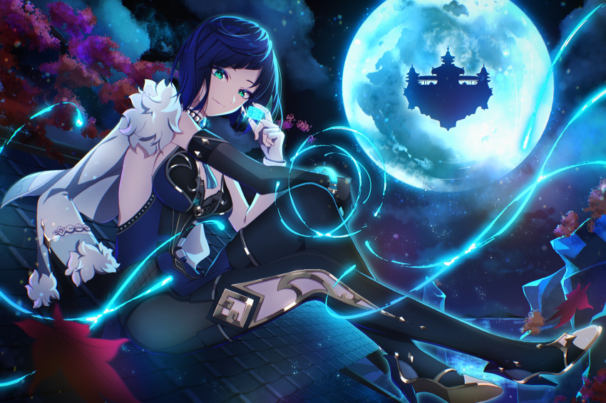 1girl asymmetrical_gloves black_footwear black_gloves black_pants blue_eyes blue_hair blue_jacket boots breasts chinese_wolfberry closed_mouth fingerless_gloves full_body full_moon genshin_impact gloves highres holding jacket looking_at_viewer medium_breasts moon night on_roof pants parted_bangs short_hair sitting_on_roof sleeveless sleeveless_jacket smile solo thigh_boots white_gloves yelan_(genshin_impact)