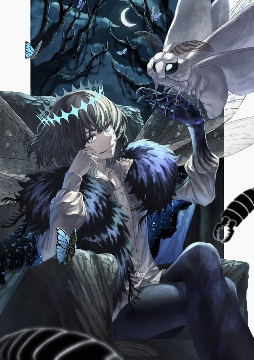 1boy arthropod_boy black_hair blanca_(fate) blue_butterfly blue_eyes bug butterfly cape centipede collared_shirt crossed_legs crown diamond_hairband dragon_nts dragonfly_wings fate/grand_order fate_(series) fur-trimmed_cape fur_trim highres insect_on_finger insect_wings long_sleeves looking_at_viewer male_focus medium_hair moth oberon_(fate) oberon_(third_ascension)_(fate) shirt sitting throne white_shirt wings