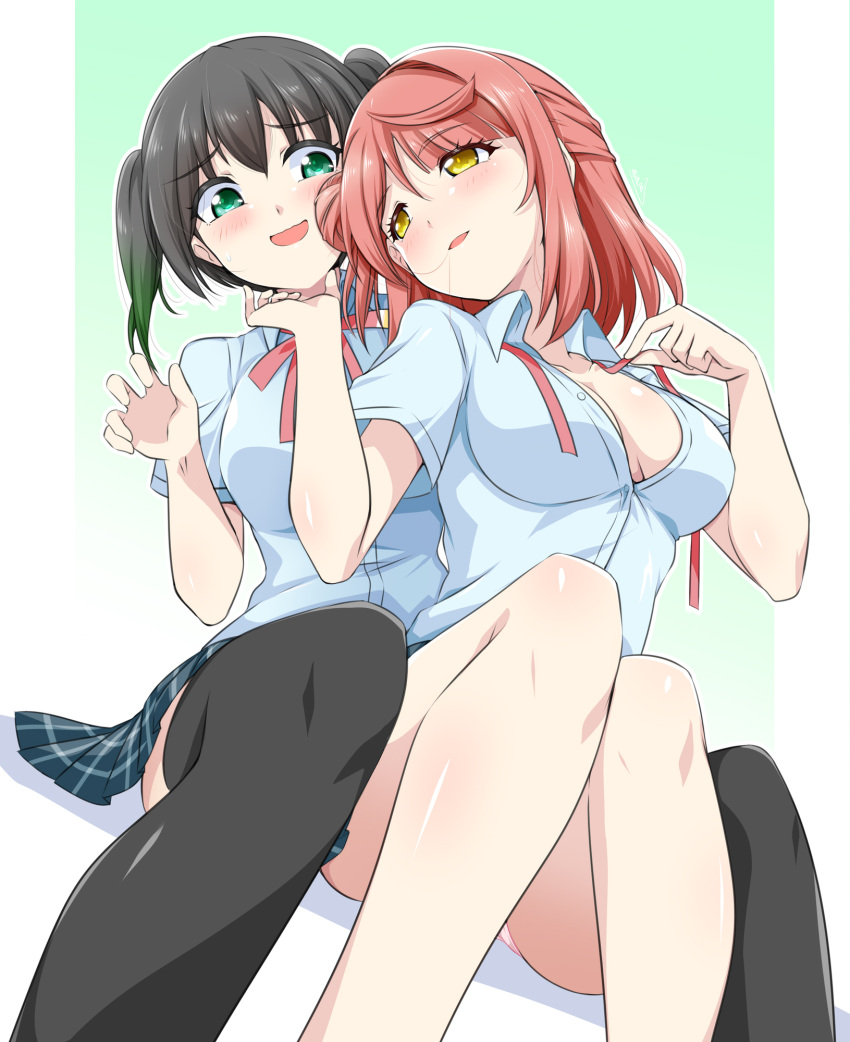 2girls bare_legs black_hair black_thighhighs blue_shirt blue_skirt blush breasts bunji collarbone collared_shirt commentary_request convenient_leg dutch_angle feet_out_of_frame gradient_background gradient_hair green_background green_eyes hair_between_eyes hair_bun hair_in_own_mouth hand_on_another's_chin hand_up hands_up heads_together highres holding holding_ribbon knees_together_feet_apart knees_up looking_at_another looking_back love_live! love_live!_nijigasaki_high_school_idol_club medium_breasts medium_hair miniskirt multicolored_hair multiple_girls neck_ribbon no_bra open_mouth panties pantyshot parted_lips partially_unbuttoned pink_panties plaid plaid_skirt pleated_skirt raised_eyebrows red_hair red_ribbon ribbon shirt short_hair single_side_bun sitting skirt spread_legs sweatdrop takasaki_yuu thighhighs twintails two-tone_hair uehara_ayumu underwear undone_neck_ribbon untied wavy_mouth white_background yellow_eyes yuri