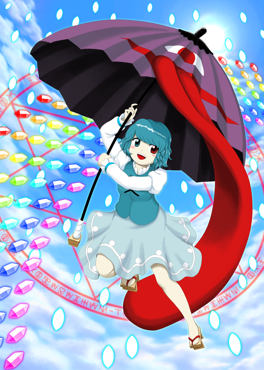 1girl :d absurdres aqua_skirt arm_up blue_background blue_eyes blue_hair blue_sky blue_vest cloud commentary_request danmaku day full_body geta heterochromia highres holding holding_umbrella juliet_sleeves karakasa_obake long_sleeves looking_at_viewer magic_circle medium_hair no_socks open_mouth parasite_oyatsu puffy_sleeves purple_umbrella red_eyes shirt skirt sky smile solo tatara_kogasa tongue touhou umbrella vest white_shirt zun_(style)