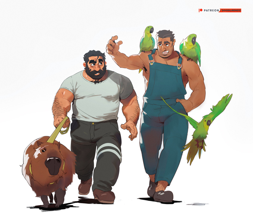 2boys absurdres animal_on_shoulder arm_hair bara bird bird_on_shoulder body_fur capybara chest_tuft dog_walking eyebrow_cut full_body grey_hair hairy height_difference highres huge_eyebrows large_pectorals leg_hair looking_at_another male_focus mature_male mole mole_under_eye multiple_boys muscular muscular_male old old_man original overalls parrot pectoral_cleavage pectorals plump ross_(doodlrenzo) ross_(renzo) shirt short_hair sideburns sidepec smile thick_eyebrows walking white_shirt wrinkled_skin