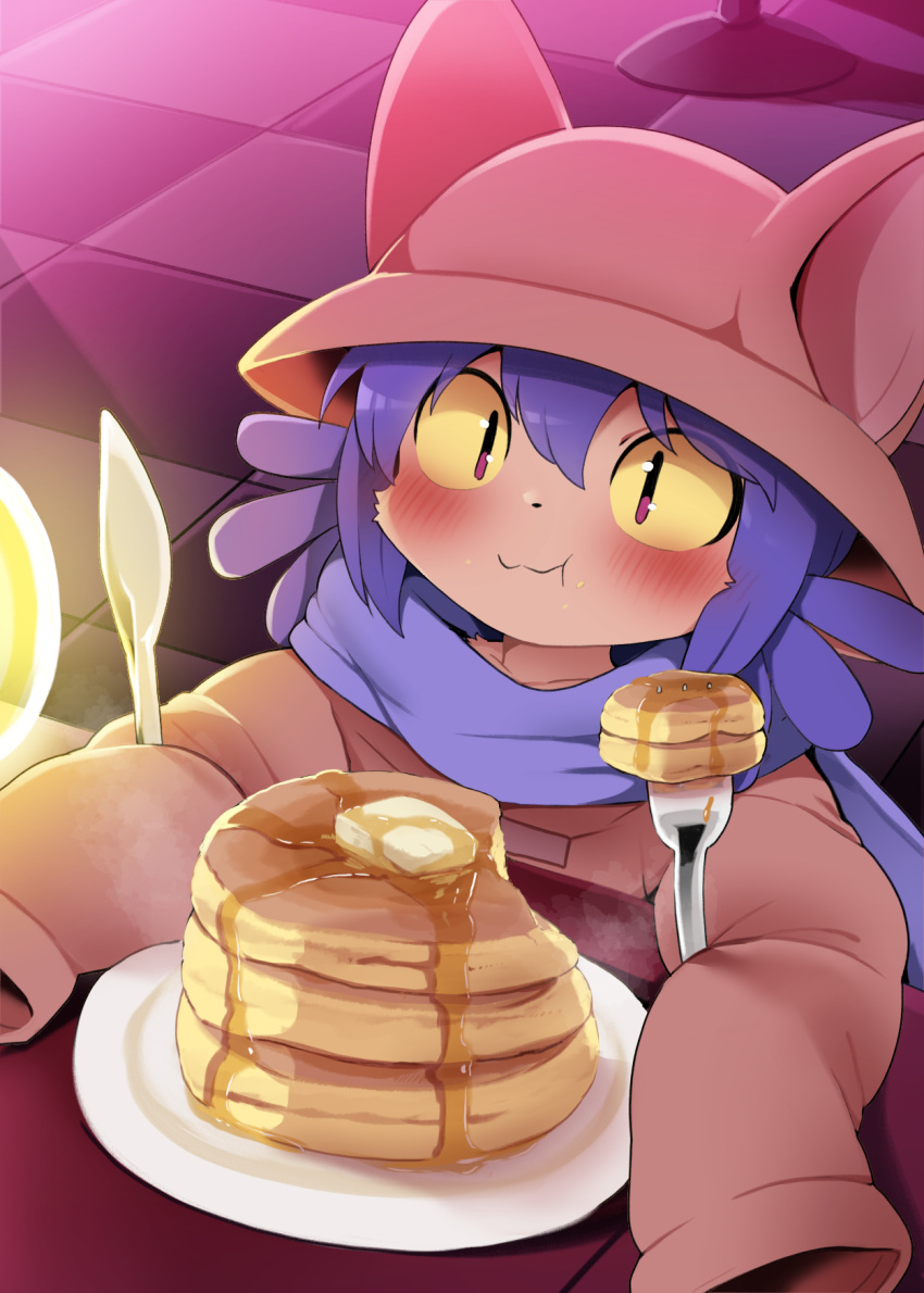 anthro baggy_clothing biped blush clothing dagasi detailed_background domestic_cat eating eating_food felid feline felis food hi_res mammal niko_(oneshot) oneshot pancake pupils slit_pupils yellow_sclera