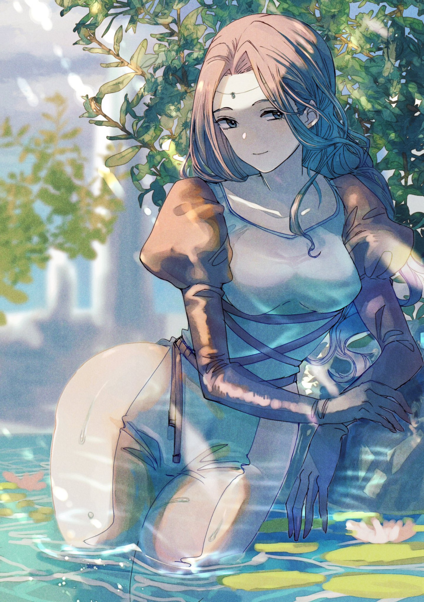 1girl breasts brown_gloves character_request circlet closed_mouth gloves highres long_hair looking_at_viewer miyama_(lacrima01) smile solo tactics_ogre water