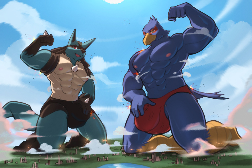 absurd_res aircraft airplane anthro avian bird blue_body blue_fur bulge bulge_grab canid canine city clothing destruction detailed_bulge duo falco_lombardi flexing_bicep fur generation_4_pokemon genital_outline green_eyes hi_res kneeling lucario macro male mammal muscular muscular_male nintendo pokemon pokemon_(species) red_eyes rygel_spkb speedo star_fox swimwear