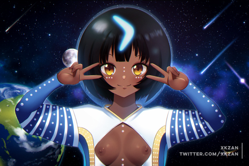 1girl alien black_hair blunt_bangs blush bob_cut bodypaint boomerang breasts cleavage cleavage_cutout clothing_cutout comet dark-skinned_female dark_skin dress earth_(planet) emotional_engine_-_full_drive falling_star fate/grand_order fate_(series) fishbowl_helmet flat_chest floating glowing glowing_hair helmet long_sleeves looking_at_viewer moon night night_sky nipples nude open_clothes petite planet short_dress short_hair sky sleeves_past_wrists small_breasts smile solo space space_helmet spacesuit standing star_(sky) starry_sky sweater twitter_username very_dark_skin wandjina_(fate) wandjina_(fate)_(first_ascension)_(fate) xkzan yellow_eyes