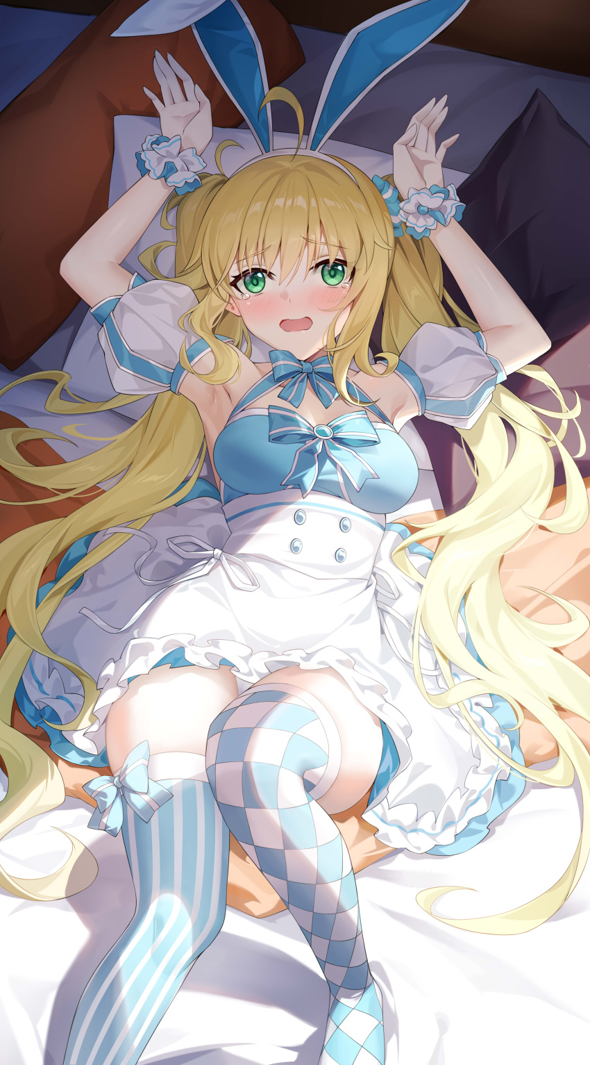 1girl absurdres ahoge animal_ears argyle armpits arms_up artoria_caster_(fate) artoria_caster_(swimsuit)_(fate) artoria_pendragon_(fate) bare_shoulders blonde_hair blue_dress blue_thighhighs blush breasts dress fake_animal_ears fate/grand_order fate_(series) green_eyes hairband highres long_hair looking_at_viewer lying on_back open_mouth puffy_short_sleeves puffy_sleeves rabbit_ears shenqi_xiao_hong_zai_nali short_sleeves skirt small_breasts solo striped striped_thighhighs thighhighs thighs twintails white_skirt