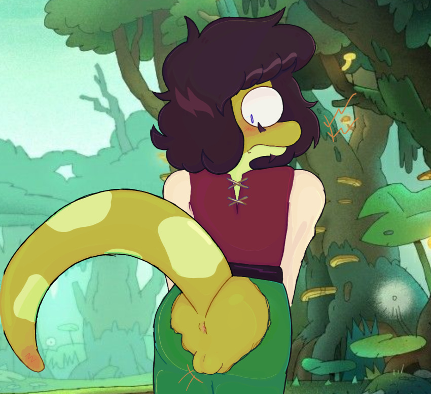 amphibia_(series) amphibian anthro anus blush bottomwear butt clothing disney legwear lettermanjacks male newt raised_tail rear_view salamander solo surprised_expression tail tight_bottomwear tight_clothing tights tritonio_espada