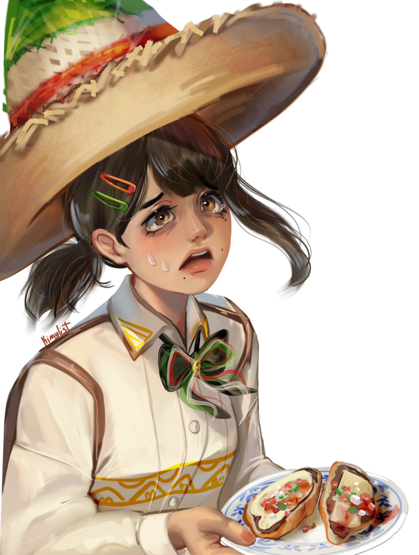 1girl black_hair brown_eyes chainsaw_man food hair_ornament hairclip hat higashiyama_kobeni highres holding holding_plate kimy_list mexico mole mole_on_cheek mole_under_eye mole_under_mouth multiple_moles open_mouth plate short_ponytail signature simple_background single_sidelock solo sombrero spanish_commentary taco tearing_up upper_body white_background