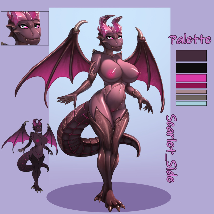 1:1 2023 adoptableauctionopen big_breasts big_wings breasts claws digital_drawing_(artwork) digital_media_(artwork) dragon fangs female genitals grey_eyes hi_res horn huge_breasts looking_at_viewer nipples nude pink_sclera purple_body pussy scarlet_side simple_background smile solo tail teeth wings