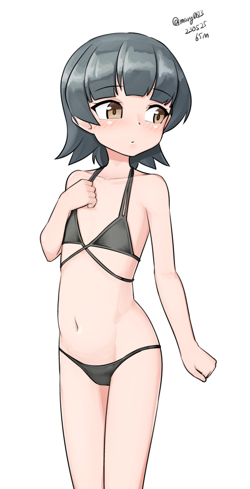 1girl absurdres arare_(kancolle) bikini black_bikini black_hair blunt_bangs brown_hair cowboy_shot flat_chest highres kantai_collection looking_back low_twintails maru_(marg0613) navel one-hour_drawing_challenge short_hair solo swimsuit twintails