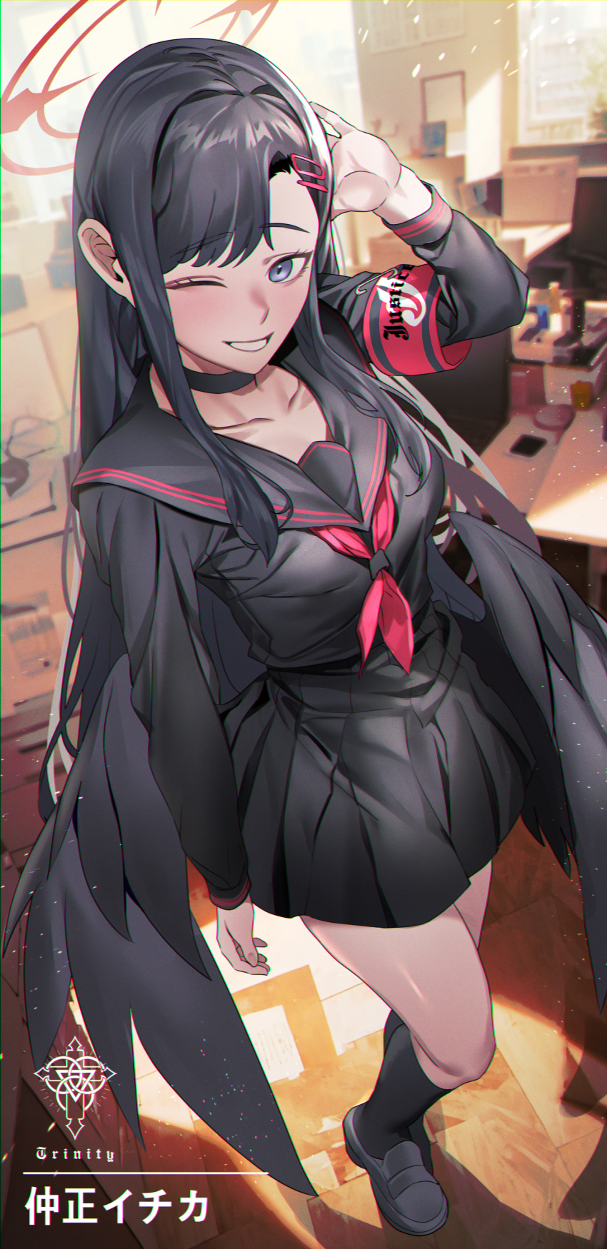 1girl ;d absurdres armband asymmetrical_bangs black_choker black_hair black_serafuku black_socks black_wings blue_archive breasts character_name choker collarbone feathered_wings halo highres ichika_(blue_archive) indoors joacy kneehighs looking_at_viewer medium_breasts neckerchief one_eye_closed pleated_skirt red_armband red_halo red_neckerchief school_uniform serafuku skirt smile socks solo wings