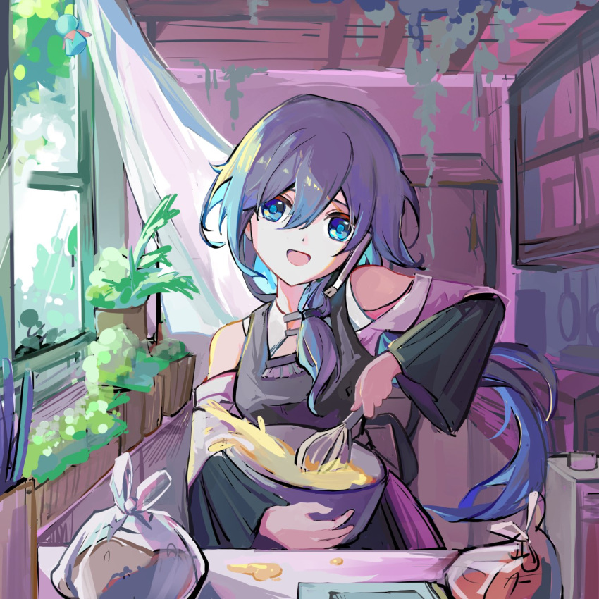 1girl bag bare_shoulders black_shirt blue_eyes breasts cellphone chinese_commentary cooking food fu_hua grey_hair hair_between_eyes highres honkai_(series) honkai_impact_3rd indoors kitchen looking_at_viewer open_mouth phone plant pov qingqingxiaoo shirt small_breasts solo talking_on_phone upper_body window