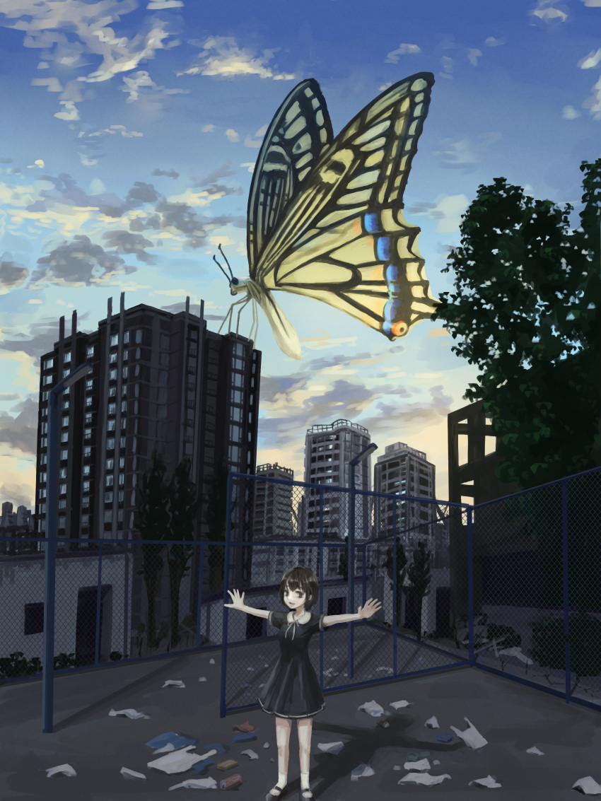 1girl absurdres black_dress blue_sky brown_eyes brown_hair bug building butterfly chain-link_fence city cloud dress evening fence gradient_sky highres lamppost okura_lino orange_sky original outdoors outstretched_arms oversized_insect scenery short_hair sky solo standing trash