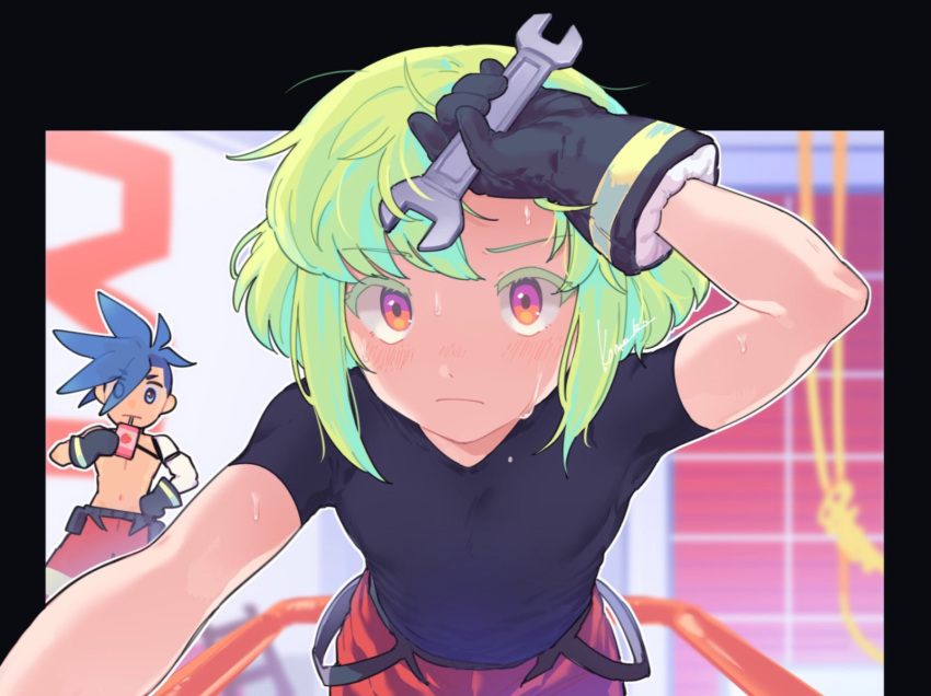 2boys alternate_costume belt black_belt black_gloves black_shirt blue_hair blush drinking galo_thymos gloves green_hair highres holding holding_wrench hot kome_1022 lio_fotia looking_at_viewer male_focus multiple_boys otoko_no_ko pants promare purple_eyes red_pants shirt short_hair solo_focus strawberry_milk sweat tight_clothes tight_shirt topless_male wrench
