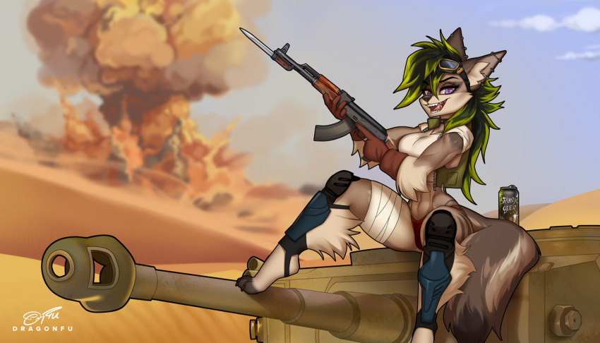 anthro canid canine canis dragonfu explosion eyewear eyewear_on_head female fluffy fluffy_tail goggles goggles_on_head green_hair gun hair jackal long_hair looking_at_viewer mammal navel open_mouth outside purple_eyes ranged_weapon sitting solo tail tank trigger_discipline vehicle weapon