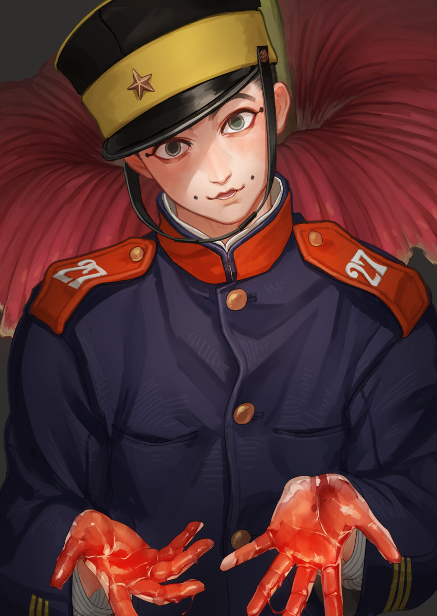 1boy absurdres black_headwear blood blood_on_hands buzz_cut flower golden_kamuy hat highres imperial_japanese_army kepi long_sleeves looking_at_viewer male_focus military military_hat military_uniform reman_kamuy short_hair solo uniform upper_body usami_tokishige very_short_hair