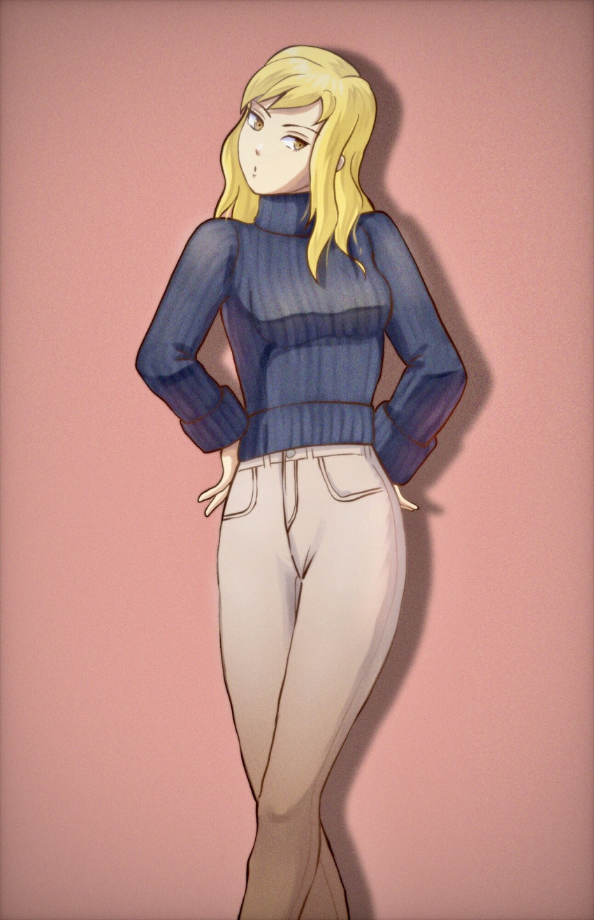 1girl blonde_hair blue_sweater breasts brown_pants casual final_fantasy final_fantasy_tactics hands_on_own_hips highres long_hair looking_to_the_side medium_breasts milleuda_folles nose open_mouth pants shadow simple_background solo soosupaan sweater yellow_eyes