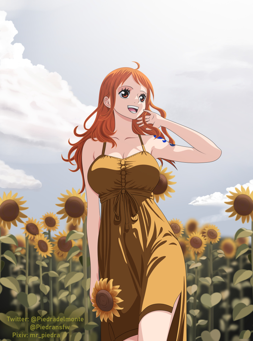 1girl absurdres arm_tattoo breasts brown_eyes cleavage day dress field flower flower_field hand_in_own_hair highres holding holding_flower large_breasts long_hair mr_piedra nami_(one_piece) one_piece open_mouth orange_hair outdoors smile solo standing sunflower tattoo teeth