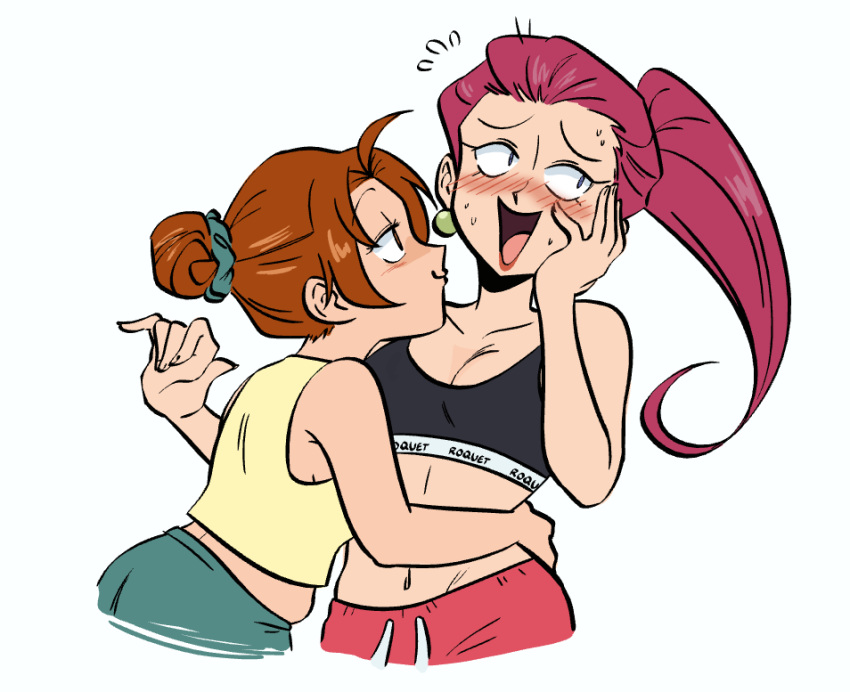 2girls alternate_hairstyle alternate_universe black_sports_bra blush breasts brown_eyes brown_hair cleavage commentary cropped_legs delia_ketchum drawstring english_commentary hair_bun height_difference highres hug jessie_(pokemon) kiana_mai long_hair looking_away mature_female medium_breasts multiple_girls nose_blush pokemon pokemon_(anime) pokemon_(classic_anime) purple_eyes purple_hair short_hair side_ponytail single_hair_bun sports_bra tank_top updo yellow_tank_top yuri