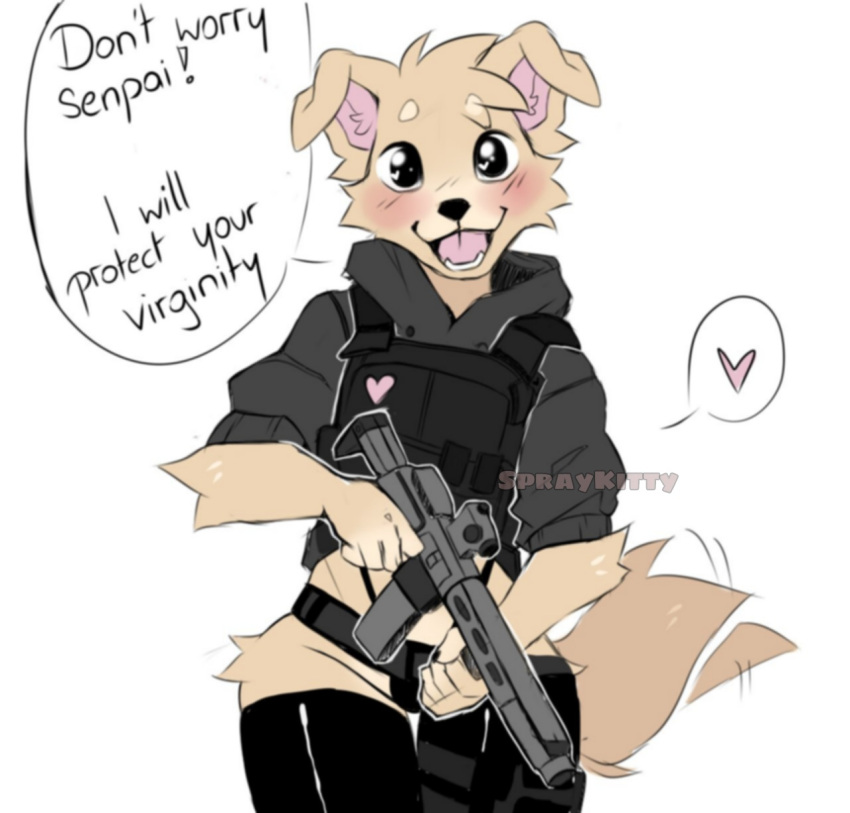 &lt;3 &lt;3_eyes anthro black_clothing black_legwear black_thigh_highs black_thong black_underwear blush bulletproof_vest canid canine canis clothing crop_top cropped_hoodie dialogue domestic_dog floppy_ears fur girly grey_clothing grey_hoodie grey_topwear gun happy hi_res hoodie legwear looking_at_viewer male mammal military open_mouth ranged_weapon shirt solo speech_bubble spraykitty standing tail tail_motion tailwag talking_to_viewer tan_body tan_fur thigh_highs thong tongue topwear underwear weapon