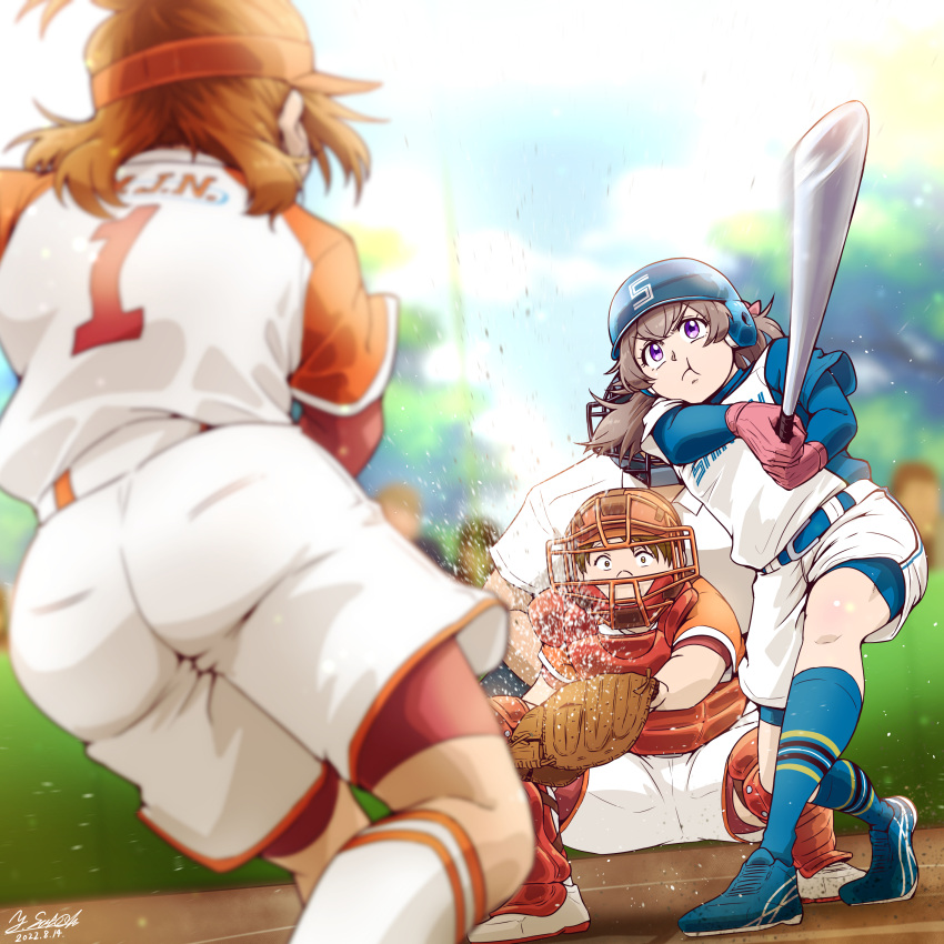 1boy 3girls :t absurdres artist_name baseball_bat baseball_catchers_mask baseball_helmet baseball_mitt bike_shorts bike_shorts_under_shorts blue_footwear blue_headwear blue_shorts blue_sky blue_socks blurry blurry_foreground brown_hair cloud cloudy_sky commentary dated day delicious_party_precure depth_of_field frown futari_wa_precure_splash_star hair_tie helmet highres holding holding_baseball_bat hyuuga_saki layered_sleeves leaning_forward long_sleeves low_twintails medium_hair motion_blur multiple_girls nagomi_yui one_side_up orange_hair outa_yuuko outdoors pitching precure purple_eyes red_footwear red_headwear red_shorts satou_yasu series_connection shoes short_over_long_sleeves short_sleeves shorts signature sky sneakers socks softball softball_uniform sportswear squatting standing standing_on_one_leg twintails umpire v-shaped_eyes visor_cap white_shorts white_socks