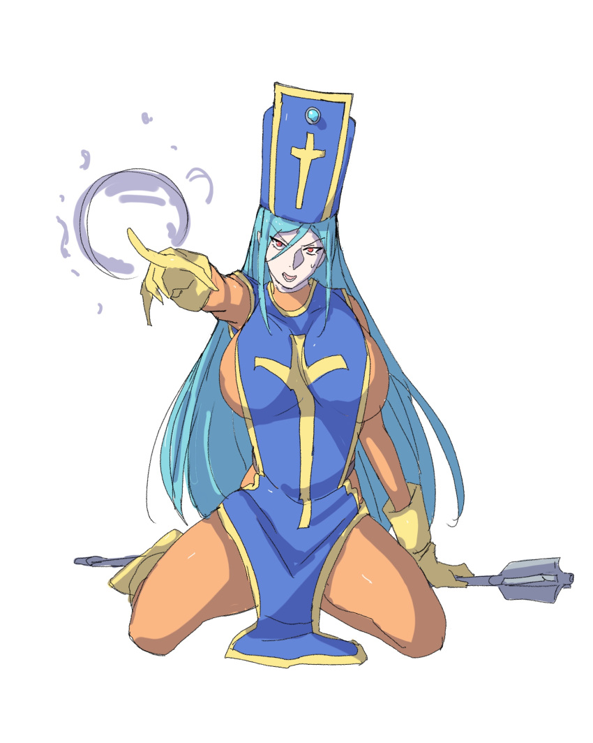 1girl absurdres blue_hair blue_headwear blue_tabard bodysuit breasts cross dragon_quest dragon_quest_iii full_body gloves hat highres holding_mace huge_breasts kneeling light_blue_hair long_hair lower_teeth_only mace mitre open_mouth orange_bodysuit outstretched_arm powerhamuhamu priest_(dq3) red_eyes simple_background solo tabard teeth tsurime v-shaped_eyebrows very_long_hair weapon white_background yellow_footwear yellow_gloves