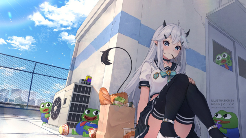 1girl ahoge ardenlolo black_choker black_sailor_collar black_skirt black_thighhighs blue_sky blush bread breasts choker cloud demon_girl demon_horns demon_tail ear_piercing earrings food food_in_mouth grey_eyes grey_hair hair_ornament hairpin hand_on_own_knee highres horns indie_virtual_youtuber jewelry looking_at_viewer medium_breasts on_roof pepe_the_frog piercing pocky pocky_in_mouth pointy_ears rooftop sailor_collar school_uniform serafuku shirt shoes single_earring skirt sky smile tail thighhighs vei_(vtuber) vei_(vtuber)_(11th_costume) virtual_youtuber white_footwear white_serafuku white_shirt