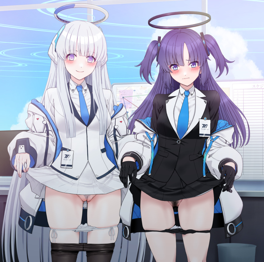2girls belt black_gloves black_panties black_pantyhose black_skirt blue_archive blue_eyes blue_necktie breasts clothes_lift clothes_pull collared_shirt cowboy_shot gloves grey_hair half_gloves halo highres id_card lifted_by_self long_hair long_sleeves looking_at_viewer medium_breasts mikan_29344886 miniskirt mismatched_pubic_hair multiple_girls necktie noa_(blue_archive) off_shoulder panties panty_pull pantyhose pantyhose_pull parted_bangs pleated_skirt purple_eyes purple_hair pussy shirt sidelocks skirt skirt_lift smile standing two_side_up underwear very_long_hair white_belt white_panties white_shirt white_skirt yuuka_(blue_archive)