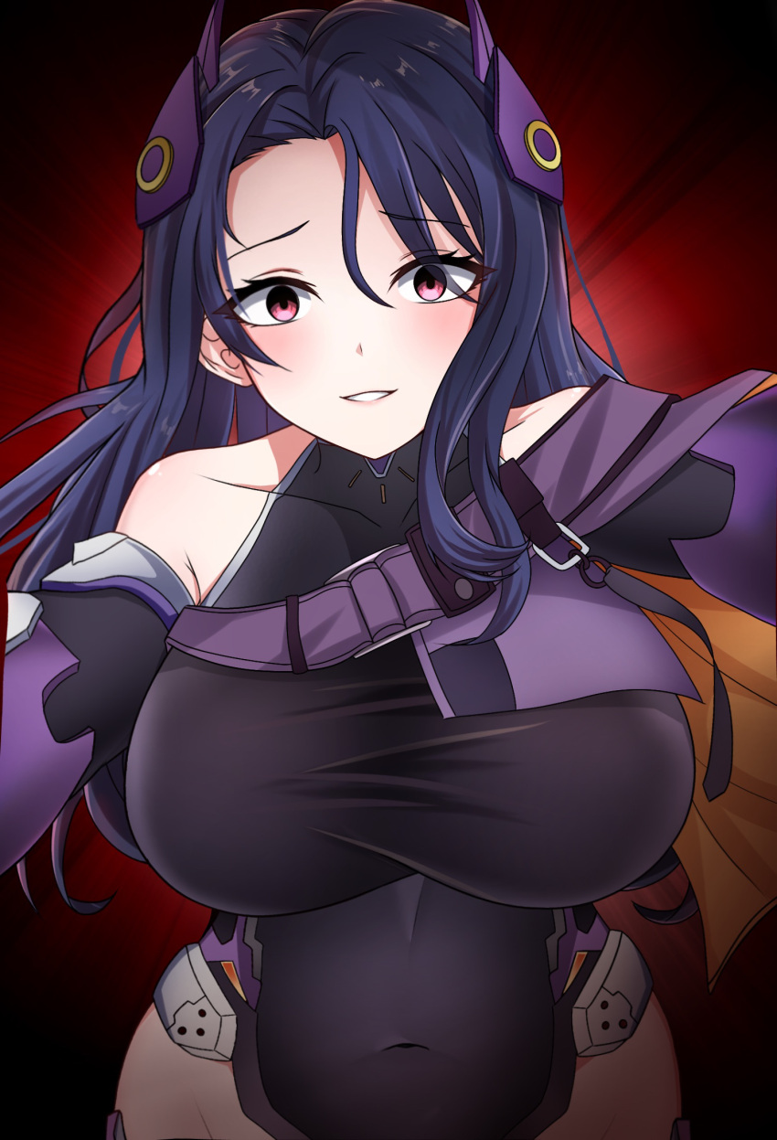 1girl bare_shoulders black_hair black_leotard breasts capelet covered_collarbone covered_navel cutout_above_navel duplicate elbow_gloves gloves goddess_of_victory:_nikke groin hair_ornament headgear highres impossible_clothes impossible_leotard isabel_(nikke) large_breasts leotard long_hair looking_at_viewer midori_(user_nsaz3272) purple_capelet smile solo yandere