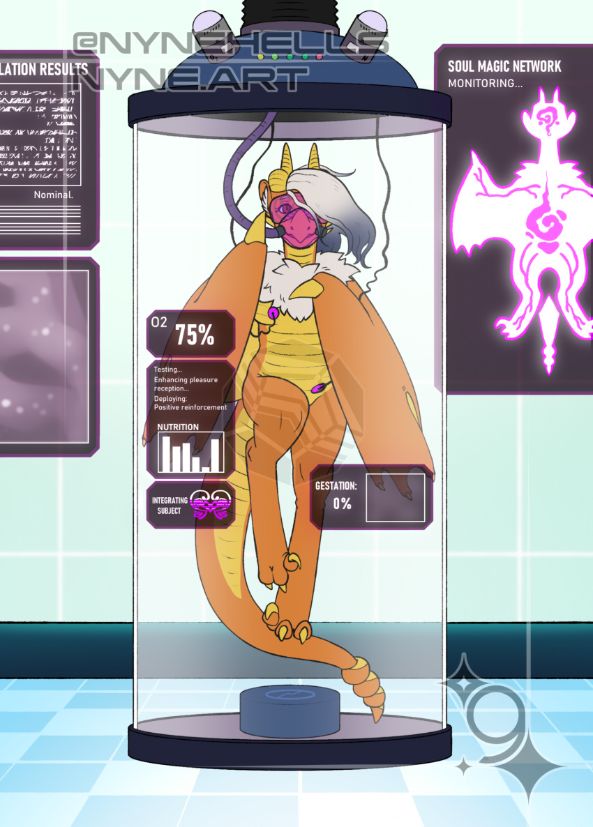 anthro claws digital_media_(artwork) dragon electrode english_text feet female hair hi_res horn inner_ear_fluff laboratory looking_at_viewer machine mask nude scalie science solo tail taiomifox tank text toes tuft vehicle water wings wyvern
