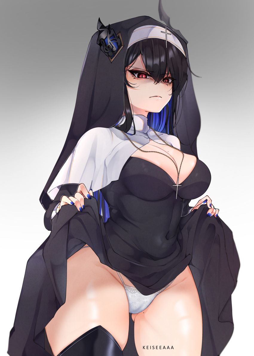 1girl absurdres alternate_costume asymmetrical_horns black_hair blue_hair blush breasts cameltoe cleavage clothes_lift colored_inner_hair cross cross_necklace demon_horns disgust dress dress_lift frown glaring habit hair_ornament highres hololive hololive_english horns jewelry keisea large_breasts lifted_by_self long_hair looking_at_viewer mole mole_on_crotch mole_under_eye multicolored_hair necklace nerissa_ravencroft nun panties red_eyes robe shaded_face skirt skirt_lift solo thong traditional_nun two-tone_hair underwear uneven_horns very_long_hair virtual_youtuber white_panties