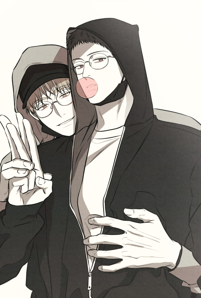 2boys baek_dohu between_the_lines black_hair black_headwear black_hoodie blonde_hair brown_eyes chewing_gum glasses highres hodot_01 hood hoodie korean_commentary looking_at_viewer male_focus multiple_boys parted_lips seo_juheon shirt short_hair simple_background smile v white_background white_shirt yaoi