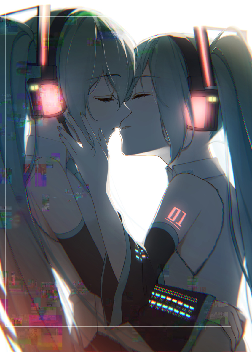 2girls absurdres aqua_hair backlighting bare_shoulders black_sleeves bloom clone closed_eyes commentary detached_sleeves drawing_kanon dual_persona glitch glowing grey_shirt hair_ornament hand_on_another's_waist hatsune_miku headphones headset highres imminent_kiss long_hair multiple_girls narcissism parted_lips selfcest shirt shoulder_tattoo sleeveless sleeveless_shirt tattoo twintails upper_body very_long_hair vocaloid white_background yuri