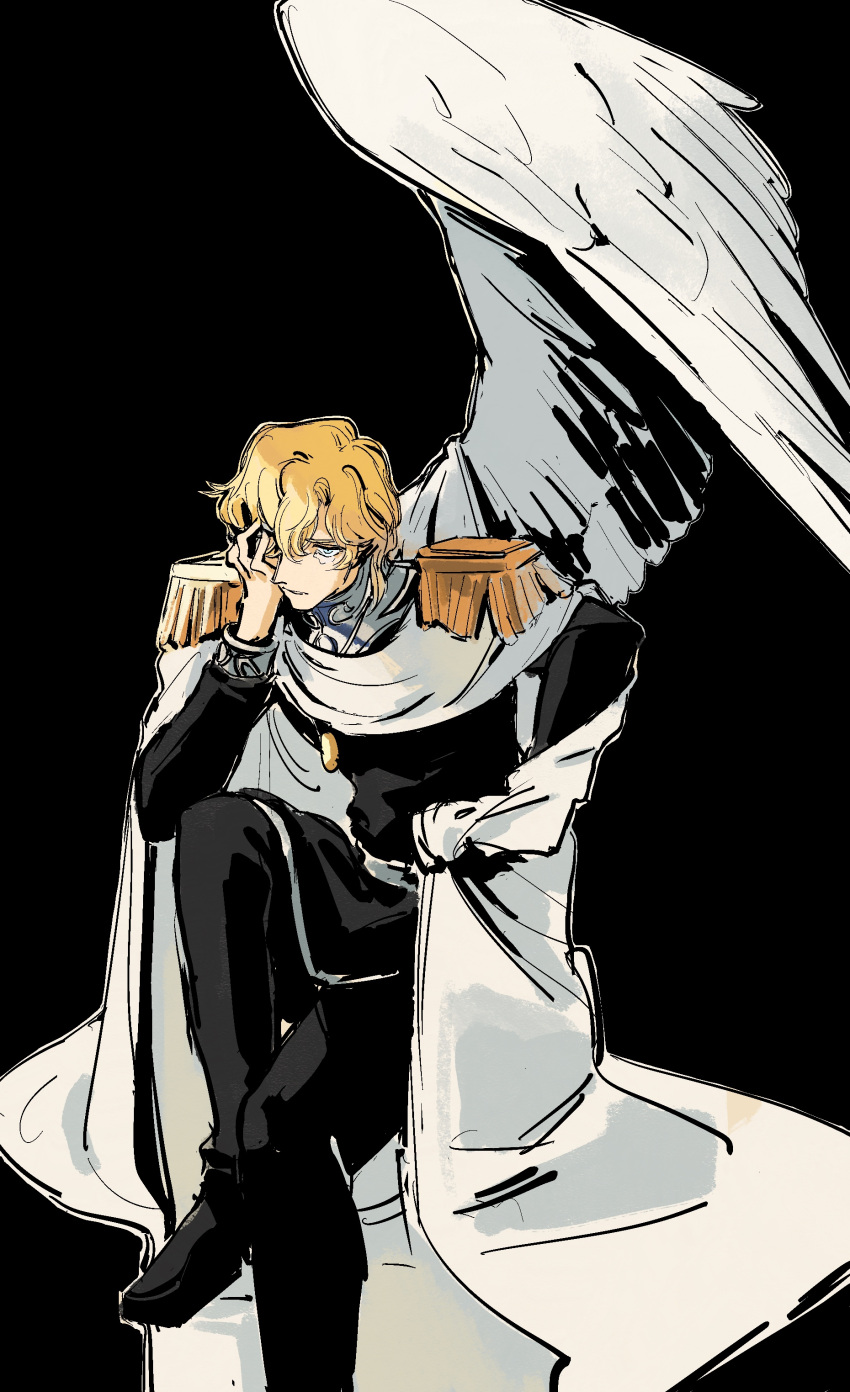 1boy absurdres angel_wings black_background black_pants blonde_hair blue_eyes cape curly_hair epaulettes foot_out_of_frame ginga_eiyuu_densetsu hand_on_own_face highres male_focus military_uniform obliviate731 pants reinhard_von_lohengramm simple_background sitting solo tears uniform white_cape wings