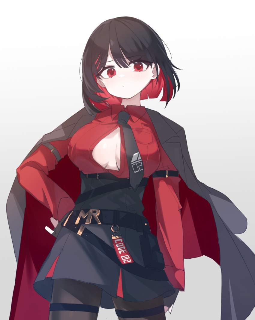 1girl belt black_coat black_hair black_skirt black_survival breast_pocket breasts brown_pantyhose closed_mouth coat coat_on_shoulders collared_shirt colored_inner_hair cowboy_shot eternal_return:_black_survival expressionless hand_on_own_hip high-waist_skirt highres large_breasts long_sleeves looking_at_viewer marlene_(black_survival) multicolored_hair necktie no_bra open_clothes open_coat open_shirt pantyhose pocket red_eyes red_hair red_shirt retri shirt shirt_tucked_in short_hair simple_background skirt solo standing thigh_strap white_background