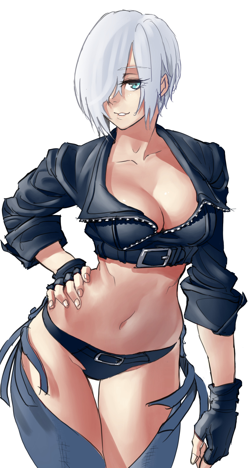 1girl absurdres angel_(kof) backless_pants blue_eyes bra breasts chaps cleavage crop_top cropped_jacket fingerless_gloves gloves hair_over_one_eye highres jacket kimuwaipu large_breasts leather leather_jacket looking_at_viewer midriff navel panties pants short_hair smile snk solo strapless strapless_bra the_king_of_fighters the_king_of_fighters_xiv toned underwear white_hair