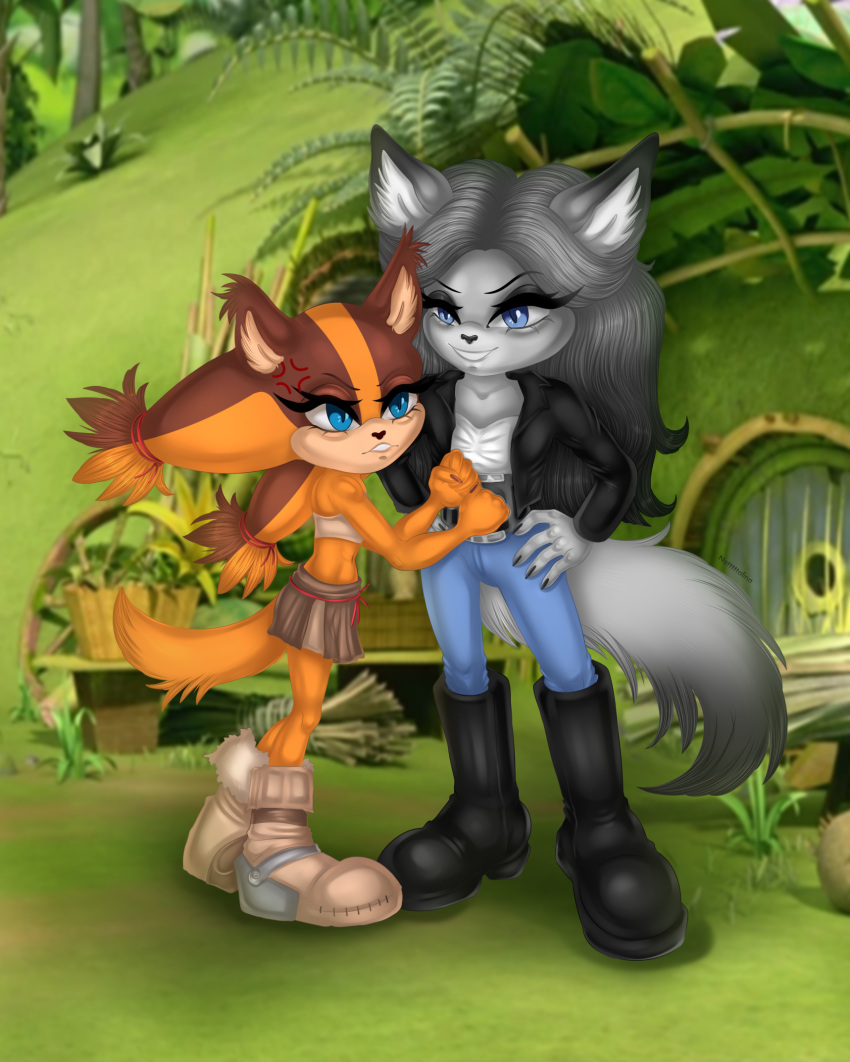 2023 5_fingers angry anthro badger black_hair blue_eyes boots bottomwear canid canine canis claws clothed clothing digital_drawing_(artwork) digital_media_(artwork) duo facial_markings fan_character female female/female fingers fluffy fluffy_tail footwear fur grey_body grey_fur hair head_markings hi_res jacket leather leather_clothing leather_jacket leather_topwear mammal markings mustelid musteline natttttalina open_mouth orange_body orange_fur outside pants plant sega skirt sonic_boom sonic_the_hedgehog_(series) sticks_the_jungle_badger tail topwear wolf