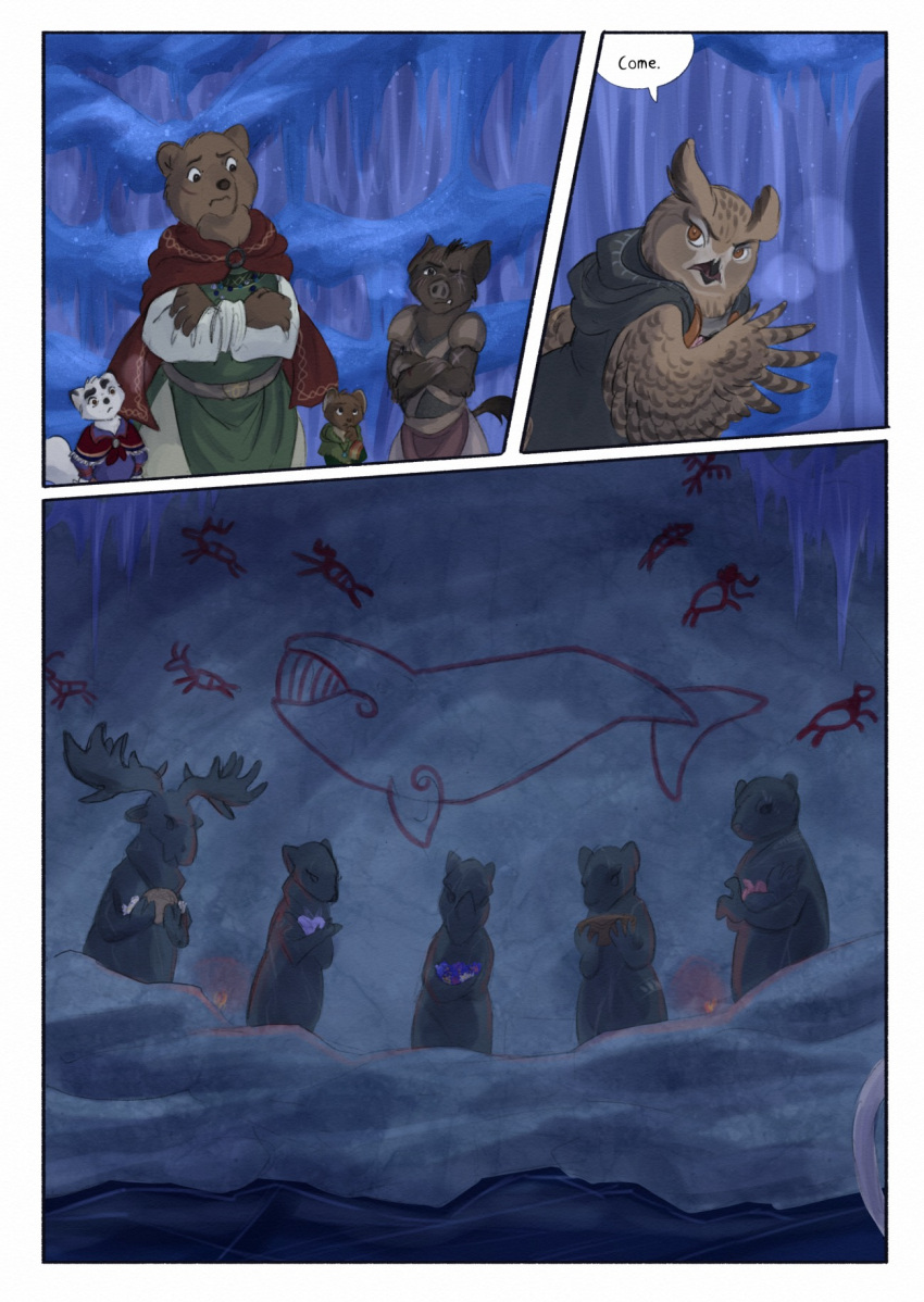 2023 ambiguous_gender anthro arctic_fox avian bear biped bird bjekkergauken brown_bear brown_body brown_fur brown_tail canid canine clothed clothing colored comic dialogue dialogue_box english_text female fox fur green_clothing group gulonine herja_(bjekkergauken) hi_res hillevi male mammal marten mustelid musteline night owl pine_marten red_cloak red_clothing shirin_(bjekkergauken) size_difference speech_bubble suid suina sus_(pig) tail text unni_(bjekkergauken) ursine white_body white_fur white_tail wild_boar