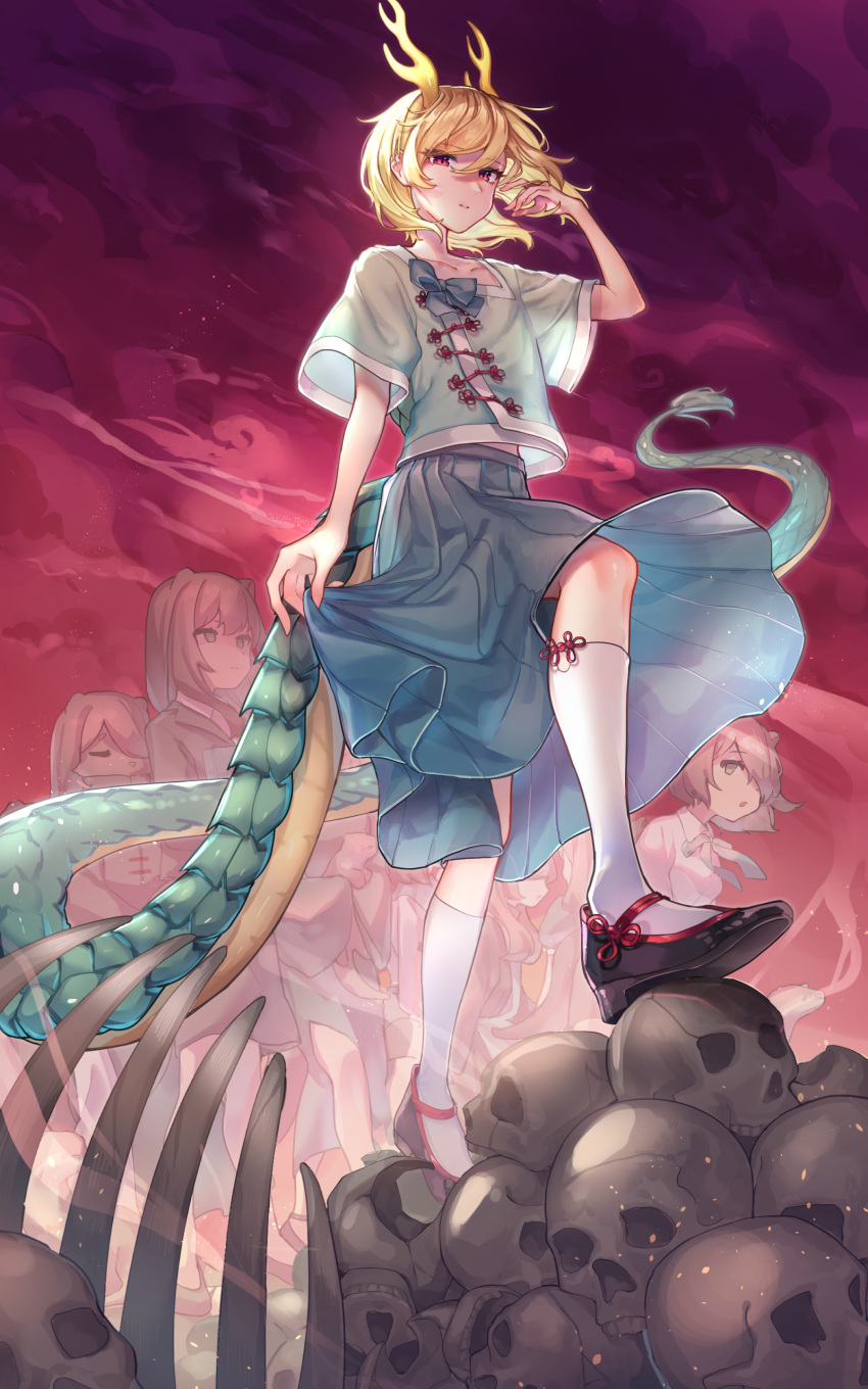 absurdres animal_ears blonde_hair blue_shirt blue_skirt bone commission dragon_girl dragon_horns dragon_tail fog full_body gradient_background green_scales highres horns kicchou_yachie long_tail looking_at_viewer multicolored_background multiple_girls otter_girl otter_spirit_(touhou) red_eyes shirt short_hair short_sleeves skeb_commission skirt skirt_hold skull socks standing stepped_on tail touhou wankosoba_(wanwan_soba) white_socks