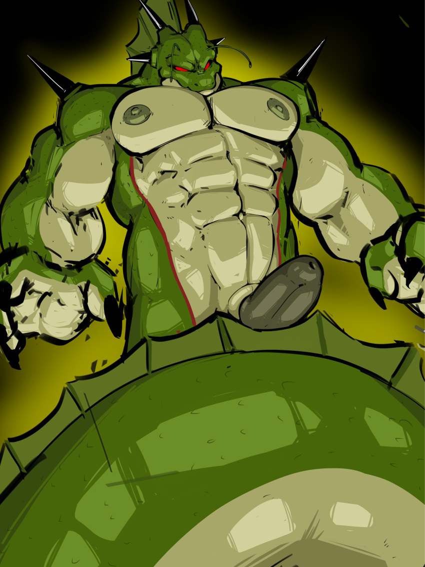 abs absurd_res alien antennae_(anatomy) anthro apode balls biceps claws digital_media_(artwork) draconcopode dragon dragon_ball dragon_ball_z erection genitals hi_res horn humanoid_genitalia humanoid_penis hybrid lamia legless looking_at_viewer male muscular muscular_male nipples nude pecs penis porunga red_eyes reptile scalie serpentine snake solo spikes split_form trailmixtrail