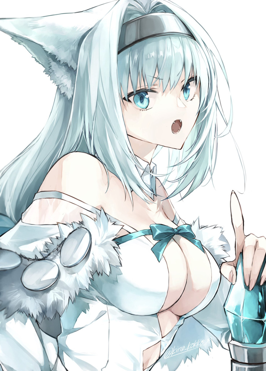 1girl animal_ear_fluff animal_ears argyle argyle_cutout bare_shoulders blue_bow blue_eyes blue_ribbon bow breasts cat_ears cat_girl cleavage clothing_cutout detached_collar detached_sleeves dobrynya_nikitich_(fate) dress fate/grand_order fate_(series) fur_trim hair_bow hairband highres index_finger_raised kino_kokko large_breasts long_hair looking_at_viewer low_ponytail open_mouth ribbon short_dress solo weapon white_dress white_hair