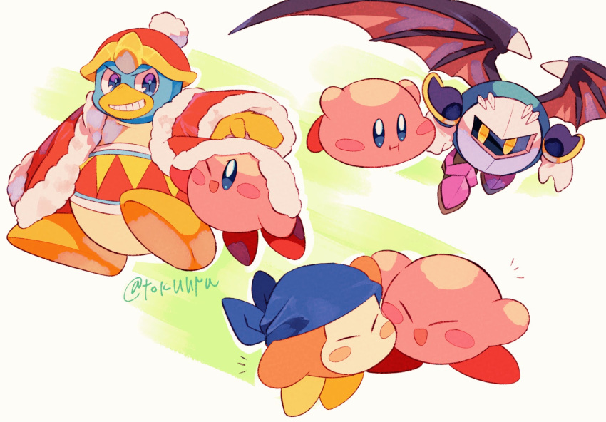 ;d armor armored_boots arms_up artist_name bandana bandana_waddle_dee blue_bandana blue_eyes blush blush_stickers boots cape closed_eyes coat commentary_request fur-trimmed_coat fur-trimmed_sleeves fur_trim gloves green_background grin hammer hat highres holding holding_hammer king_dedede kirby kirby_(series) long_sleeves looking_at_viewer mask meta_knight no_humans one_eye_closed open_clothes open_coat open_mouth purple_cape purple_footwear red_coat red_headwear shoulder_armor simple_background smile star_(symbol) teeth tokuura white_background white_gloves yellow_eyes yellow_gloves