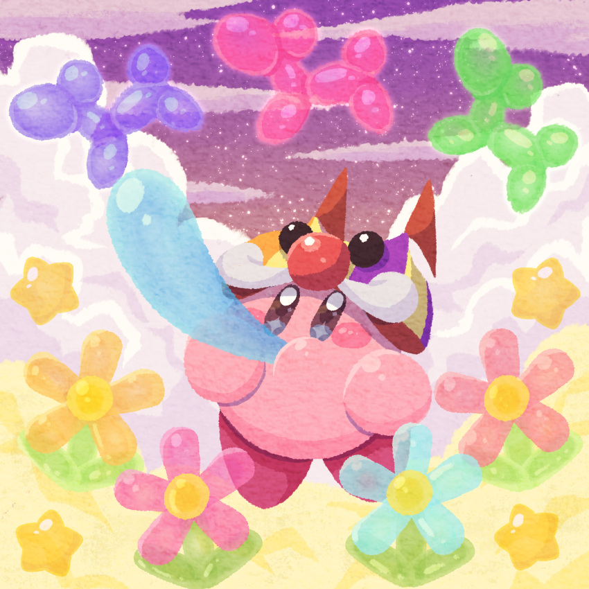 balloon_animal blush_stickers circus_kirby cloud clown_nose copy_ability evening flower highres inflating kirby kirby_(series) miclot no_humans pink_flower pink_footwear shoes sky star_(sky) starry_sky