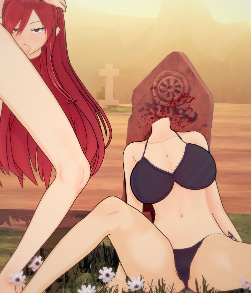 absurdres bad_end bikini blood corpse death decapitation empty_eyes ero_guro erza_scarlet fairy_tail fellatio good_luck_ayd33 grave guro headless highres murder oral red_hair swimsuit