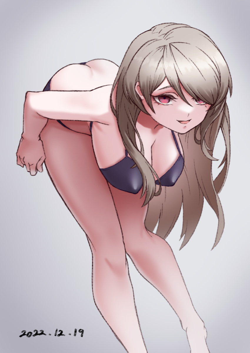 1girl 2022 :d ass bikini black_bikini breasts brown_hair butt_crack cleavage dated grey_background hair_over_one_eye highres honkai_(series) honkai_impact_3rd junik_(snrj2255) large_breasts leaning_forward long_hair looking_at_viewer mole mole_under_eye open_mouth purple_eyes rita_rossweisse smile solo swimsuit